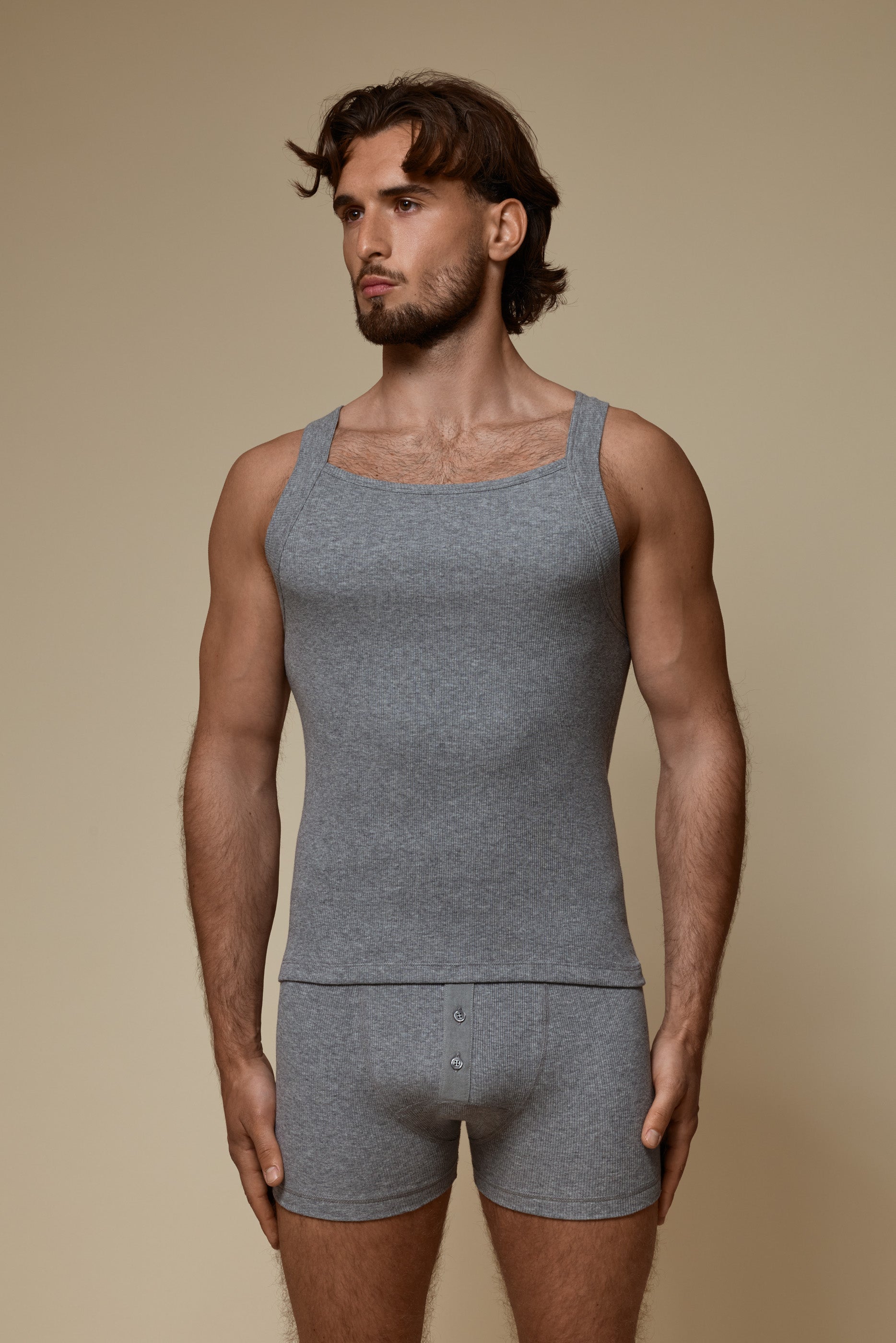 LUXURY SQUARE TANKTOP ORGANIC COTTON RIB - GREY MELANGE