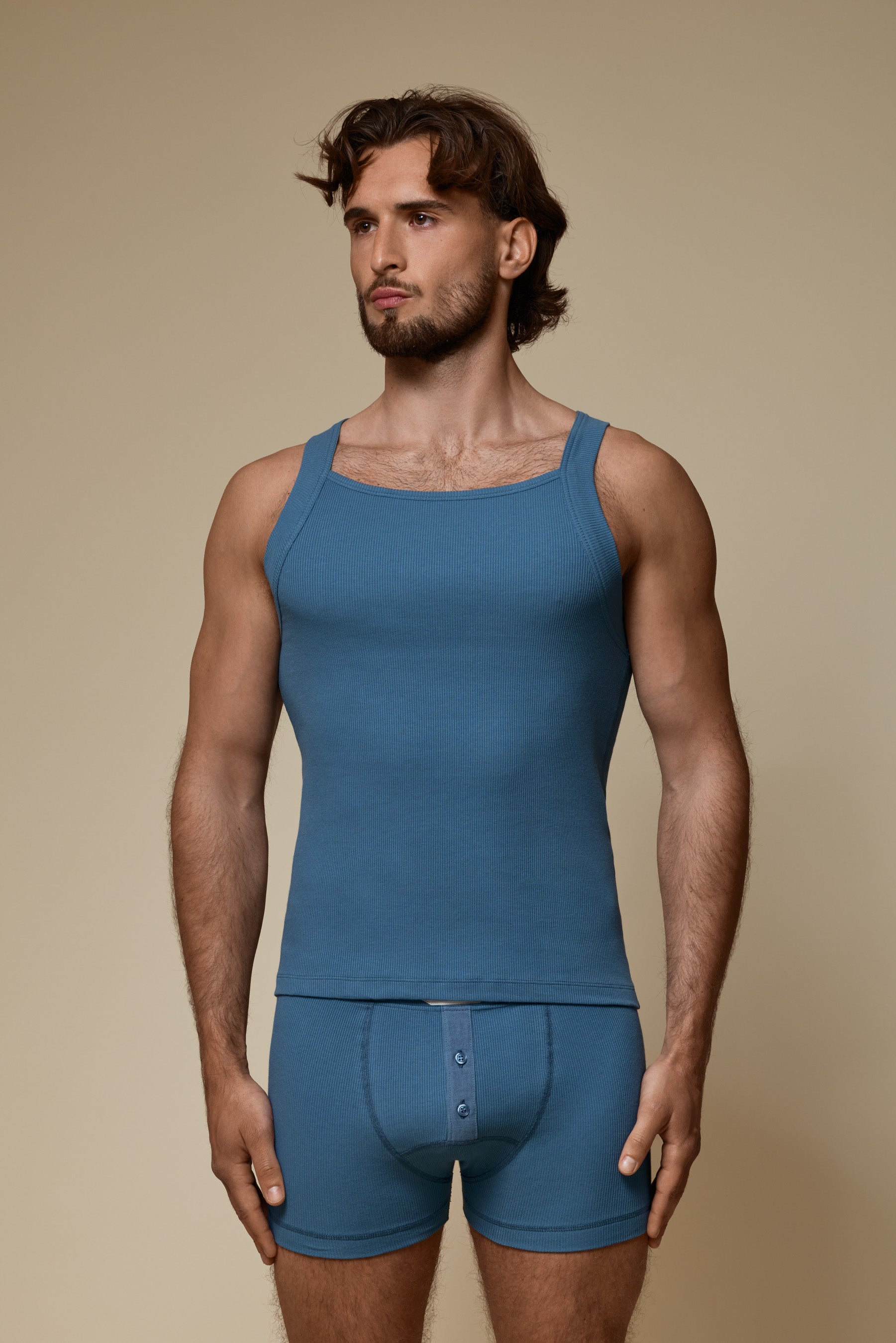 LUXURY SQUARE TANKTOP ORGANIC COTTON RIB - OCEAN DENIM